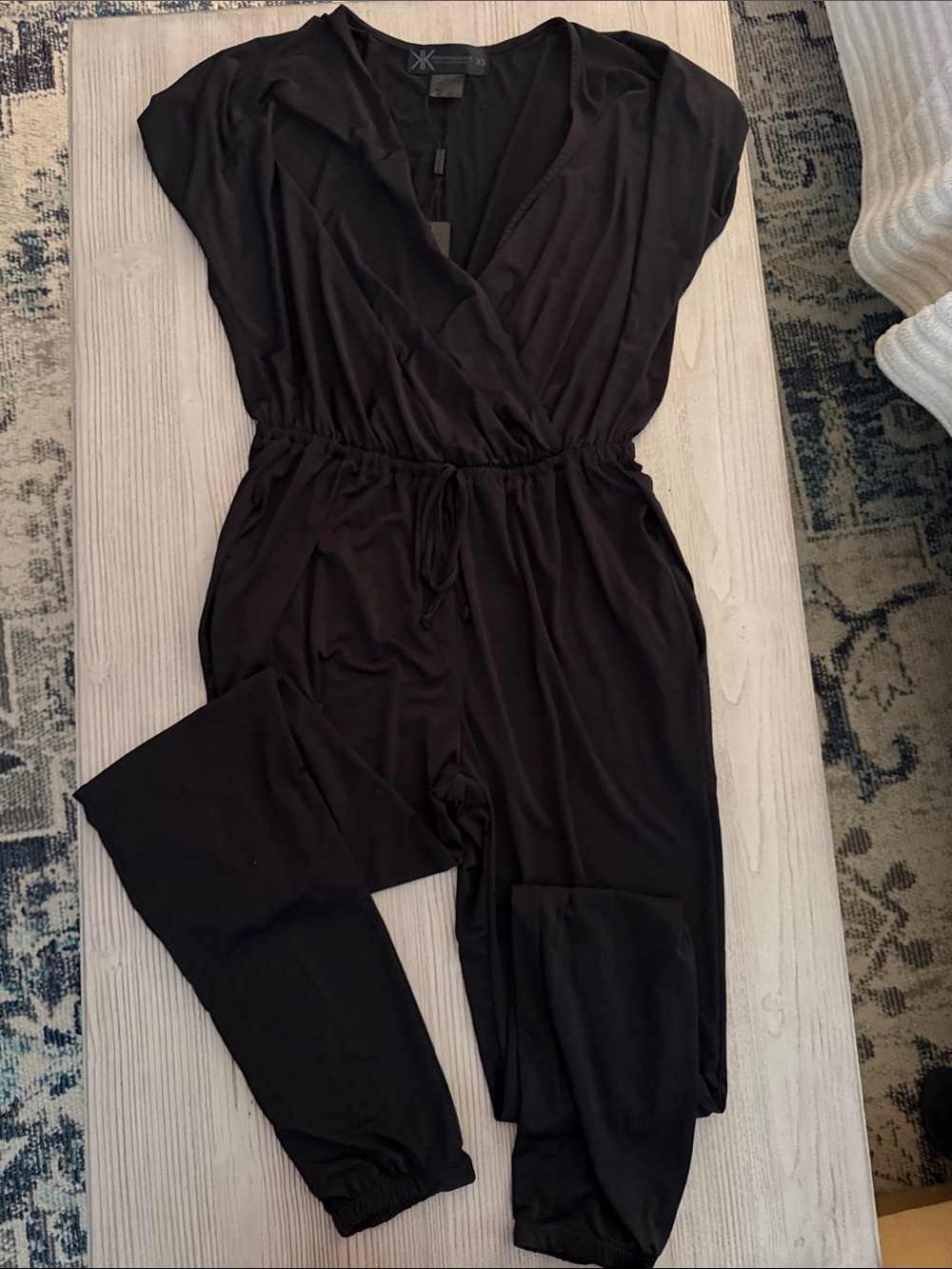 Kardashian Kollection Black Cap-Sleeve Wrap Jumpsuit